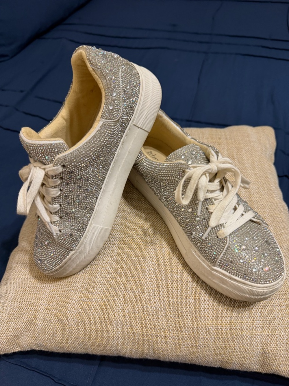 Betsey Johnson Silver Crystal-Embellished Lace-Up Sneakers